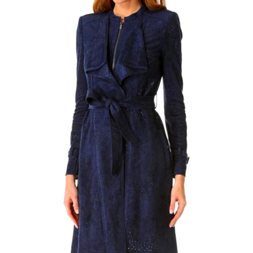 BCBG Max Azria Navy Faux Suede Perforated Trench Coat